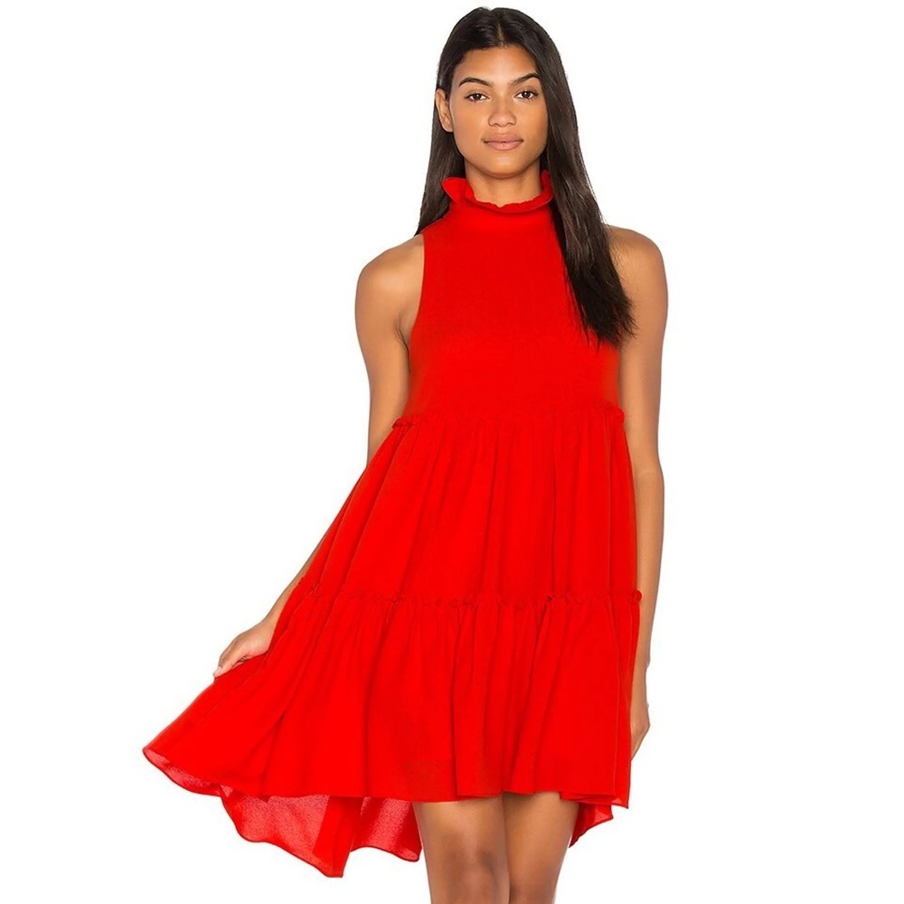 ELLIATT Red Ruffle High Neck Tiered Sleeveless Mini Dress Babydoll Anthropologie - Picture 1 of 7